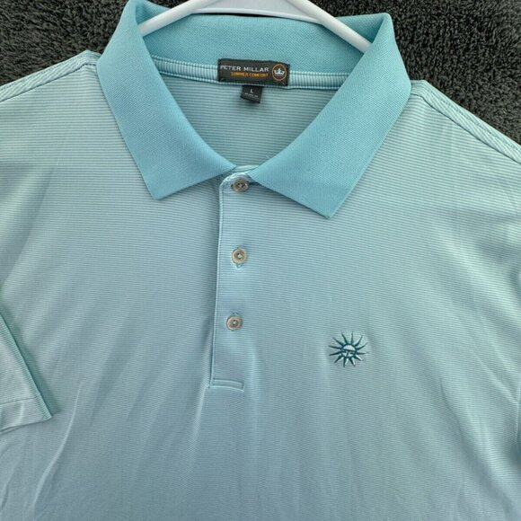 Peter Millar Summer Comfort Polo Mens Large Blue Striped El Dorado C.C. Sunburst - Picture 1 of 11